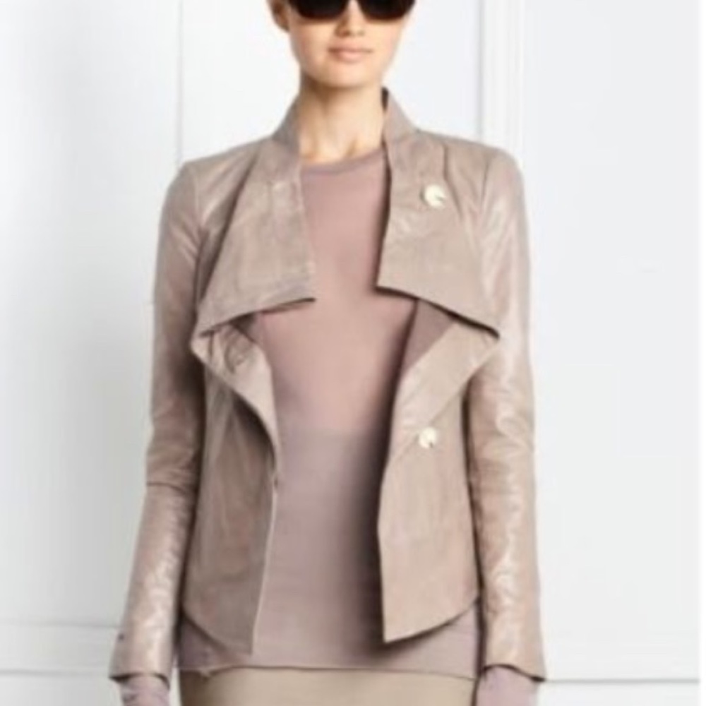 BCBG MAXAZRIA Tan Taupe Soy Chai Asymmetric Leather Jacket